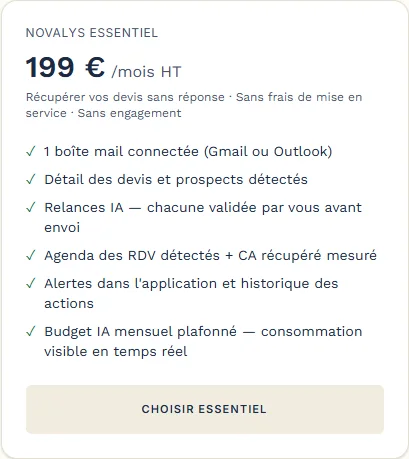 Écran réel : formule Novalys Essentiel à 199 € par mois HT, sans frais de mise en service, sans engagement