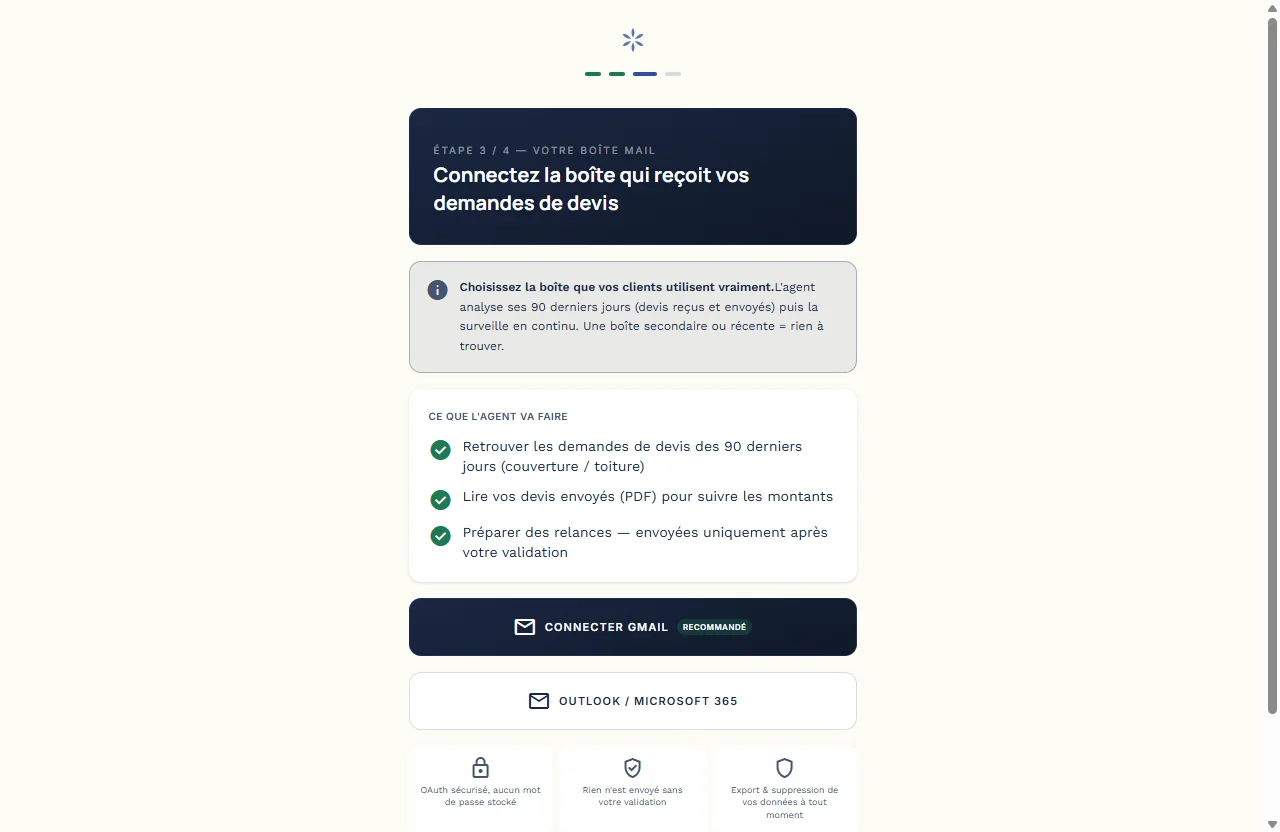 Écran réel de l'application : étape « Connectez la boîte qui reçoit vos demandes de devis », avec la liste de ce que l'agent va faire et les boutons Connecter Gmail ou Outlook / Microsoft 365