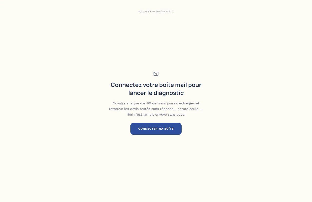 Écran réel de l'application : le diagnostic invite à connecter sa boîte mail pour lancer l'analyse des 90 derniers jours, en lecture seule